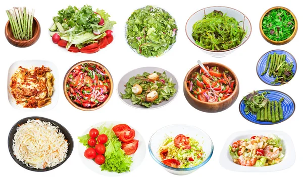 Colagem Várias Saladas Legumes Isoladas Fundo Branco — Fotografia de Stock