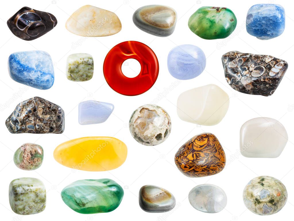 collection of various agate natural mineral gem stones isolated on white background