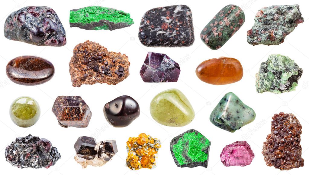 set of various Garnet natural mineral gem stones and samples of rock isolated on white background