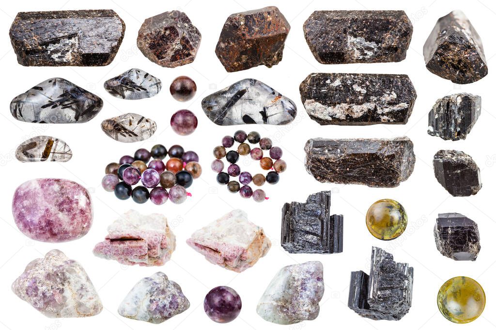 collection of various Tourmaline natural mineral stones and samples of rock isolated on white background