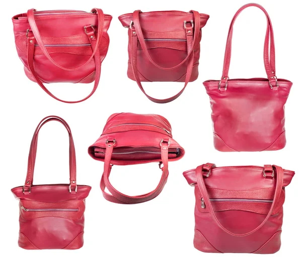 Set Van Roze Handtassen Handgemaakt Van Natuurlijk Leer Geïsoleerd Witte — Stockfoto