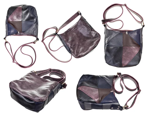 Ensemble Sac Bandoulière Cuir Foncé Fabriqué Main Avec Ornement Patchwork — Photo