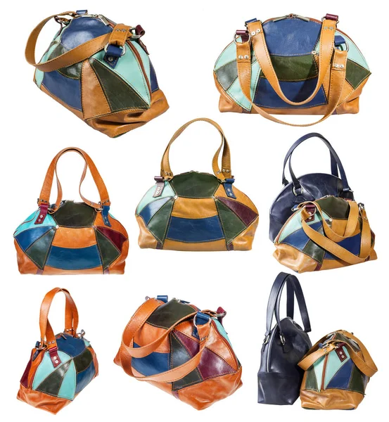 Ensemble Sacs Voyage Cuir Patchwork Faits Main Isolés Sur Fond — Photo