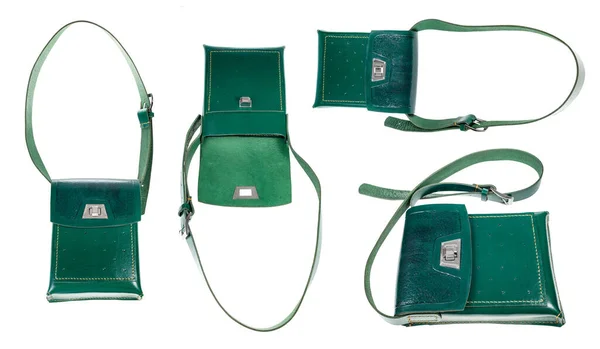 Sada Ručně Vyrobených Zelených Kožených Tablet Taška Izolované Bílém Pozadí — Stock fotografie