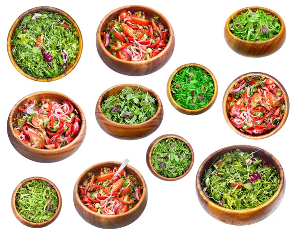 Jogo Várias Saladas Vegetais Tigelas Madeira Isoladas Fundo Branco — Fotografia de Stock