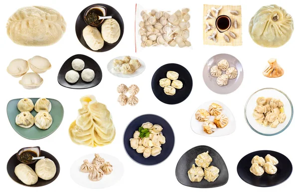 Set Various Dumplings Dim Sum Buuz Pelmeni Pyanse Khinkali Manti — Stock Photo, Image