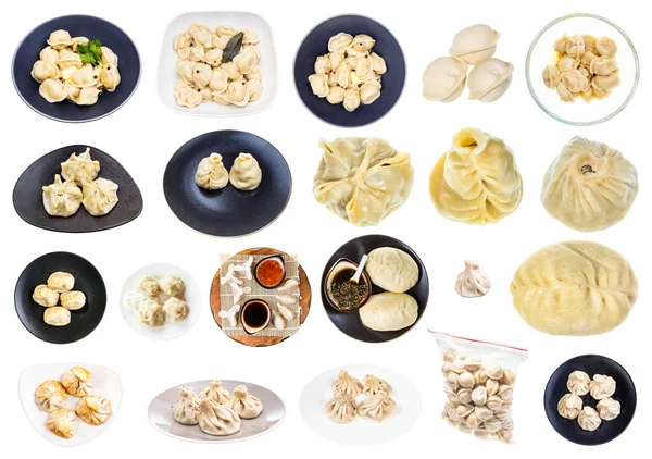 Collage Various Dumplings Dim Sum Buuz Pelmeni Pyanse Khinkali Manti — Stock Photo, Image