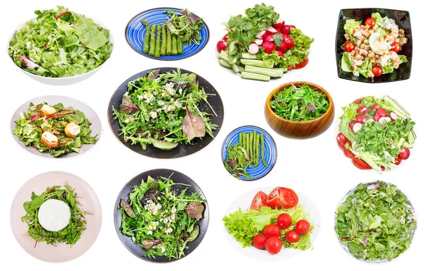 Beyaz Arka Planda Izole Edilmiş Yaprak Sebzelerinden Çeşitli Taze Salatalar — Stok fotoğraf