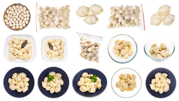 Collection Various Cooked Uncooked Pelmeni Russian Dumplings Filled Minced Meat — Stock Photo, Image