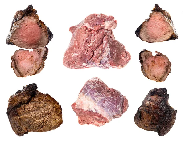 Σετ Ωμού Και Μαγειρεμένου Σπιτικού Ψητού Βοείου Κρέατος Που Απομονώνεται — Φωτογραφία Αρχείου