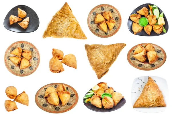 Sada Různých Samsa Samosa Pokrmů Pikantní Pečivo Izolované Bílém Pozadí — Stock fotografie