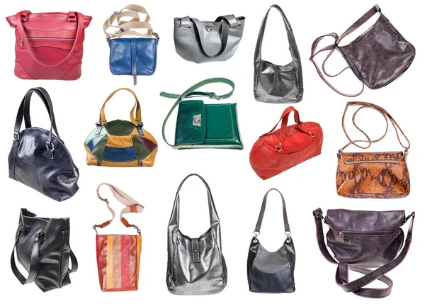 Colección Varios Bolsos Cuero Hechos Mano Las Señoras Aislados Sobre — Foto de Stock