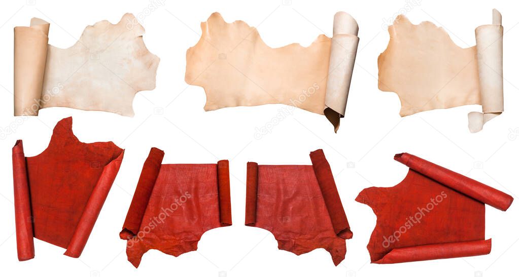 set of rolled pieces of leathers isolated on white background