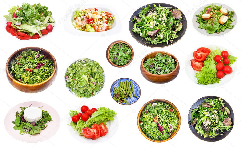 collection of various fresh salad from leaf vegetables isolated on white background