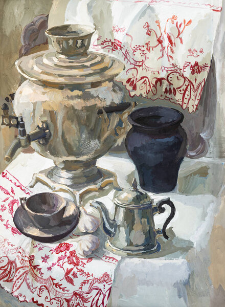 still life with samovar and teapot hand-painted by tempera paints on white paper