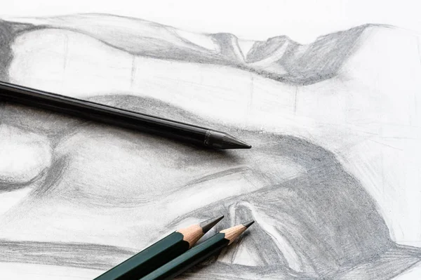 Quelques Crayons Graphite Différents Sur Dessin Académique Dessiné Main Nez — Photo