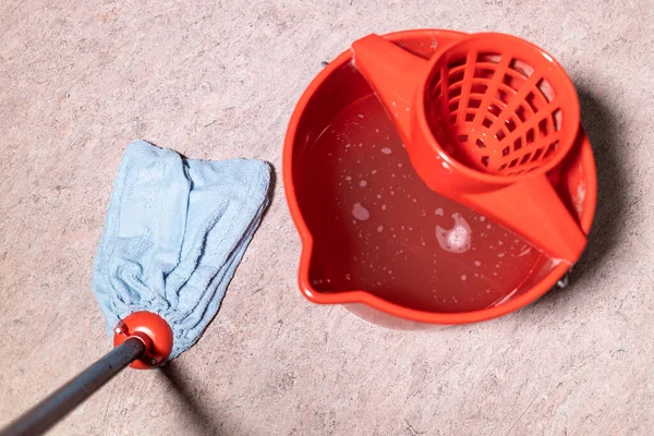 Point View Mop Cleaning Linoleum Flooring Red Bucket Water Home — Stock Photo, Image