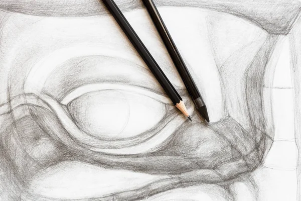 Deux Crayons Graphite Différents Sur Dessin Académique Dessiné Main Œil — Photo