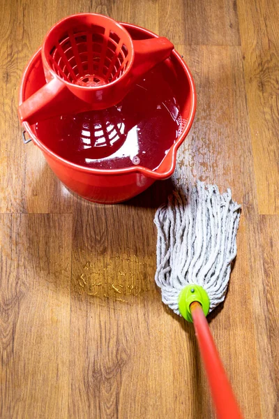 Point View Rope Mop Cleans Wooden Laminate Floor Bucket Water — Stock Photo, Image