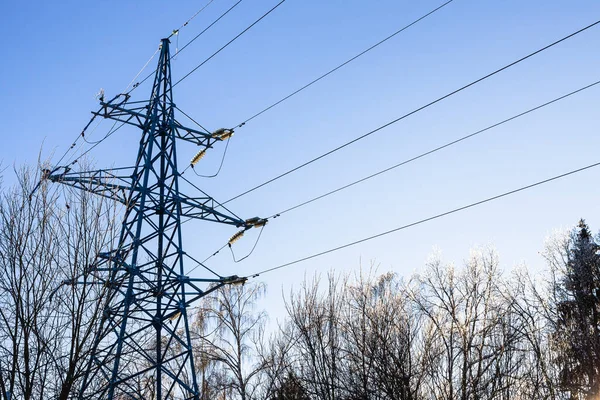 Tour Transmission Acier Ligne Électrique Haute Tension Des Sommets Glacés — Photo