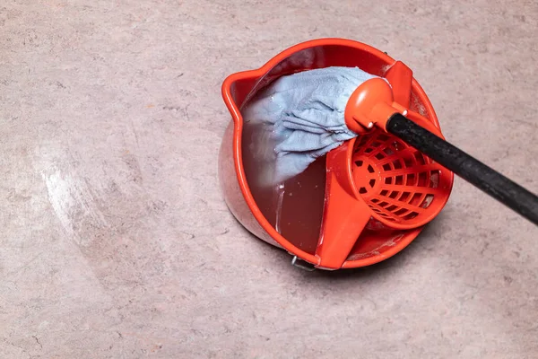 Top View Mop Red Bucket Dirty Water Home — Stock Photo, Image