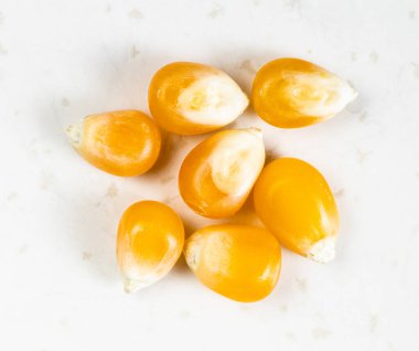 Birkaç çiğ mısır tanesi gri seramik tabakta kapanıyor.