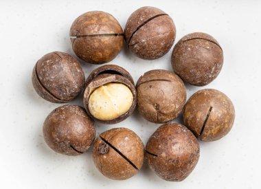 Kesilmiş ve kabuklu birkaç Macadamia fındığı gri seramik tabağa yakın.