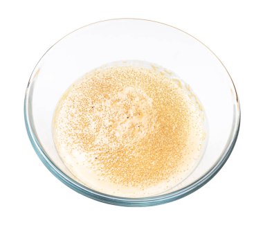 Beyaz arka planda izole edilmiş cam kasede hindistan cevizi sütüyle kaynatılmış yulaf lapası manzarası.