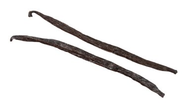 Beyaz zemin üzerinde izole edilmiş iki farklı vanilya kabuğu (Tahiti vanilyası ve burbon vanilyası).