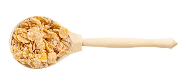 Bovenaanzicht Van Een Houten Lepel Met Een Suikerlaag Cornflakes Geïsoleerd — Stockfoto