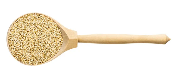 Bovenaanzicht Van Houten Lepel Met Ongekookte Quinoa Korrels Geïsoleerd Witte — Stockfoto