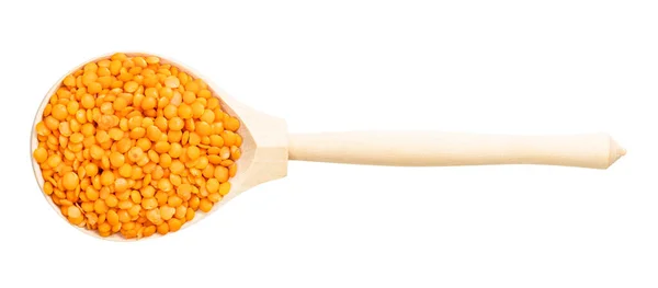 Top View Wood Spoon Raw Whole Red Lentils Isolated White — Stock Photo, Image