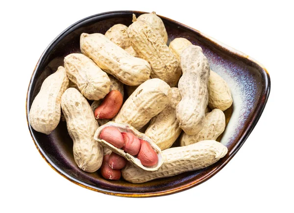 Peeled Whole Peanuts Ceramic Bowl Isolated White Background — Stock Photo, Image