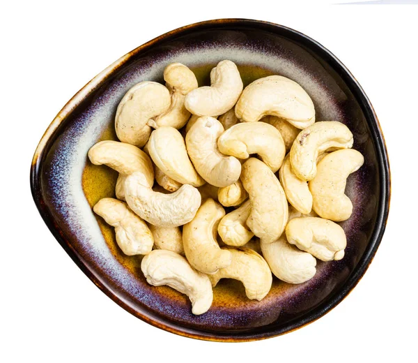Top View Raw Cashew Seeds Ceramic Bowl Isolated White Background — Stock Photo, Image