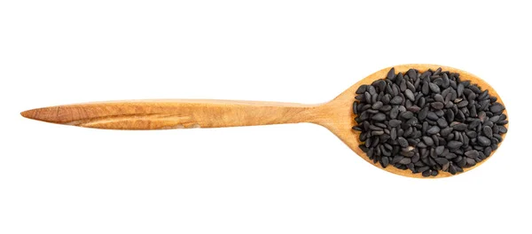 Top View Wood Spoon Raw Black Sesame Seeds Isolated White — Stock Photo, Image