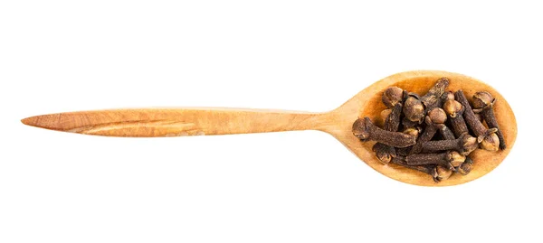 Top View Wood Spoon Cloves Isolated White Background — Stock Photo, Image