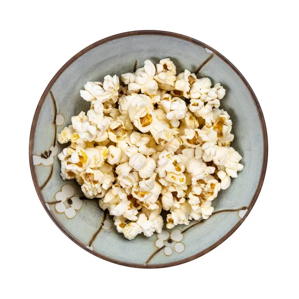 Widok Góry Nadęty Popcorn Ceramicznej Misce Izolowane Białym Tle — Zdjęcie stockowe