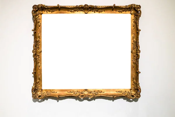 Stary Ozdobny Złoty Obrazek Ramki Wycinanką Płótna Szarej Ścianie — Zdjęcie stockowe