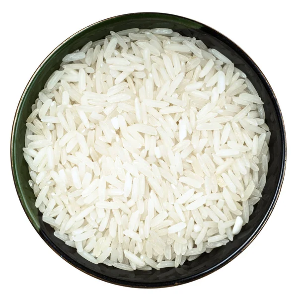 Top View Polished Long Grain Jasmine Rice Bowl Isolated White — Stok Foto