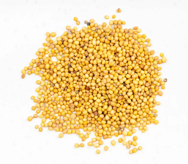 Vista Superior Pilha Sementes Amarelas Mostarda Brassica Juncea Close Placa — Fotografia de Stock