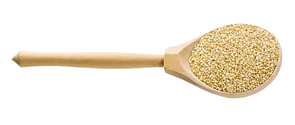 Houten Lepel Met Ongekookte Quinoa Korrels Geïsoleerd Witte Achtergrond — Stockfoto
