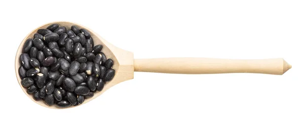 Top View Wood Spoon Raw Black Turtle Beans Isolated White — Stock Photo, Image