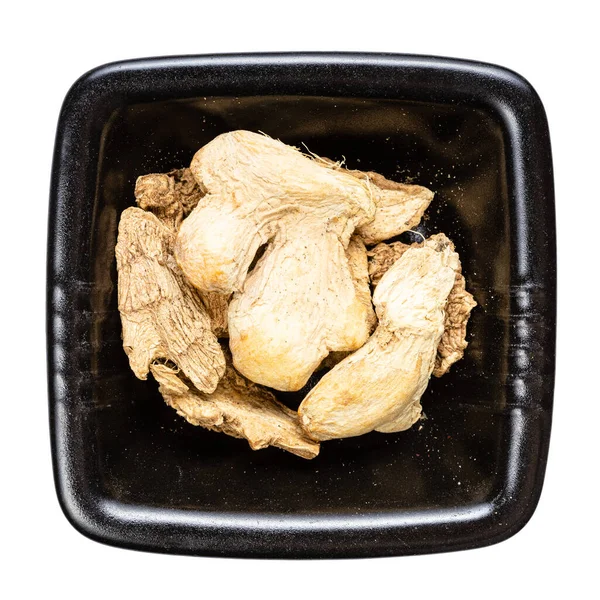 Top View Dried Pieces Ginger Black Bowl Isolated White Background — Stock Photo, Image