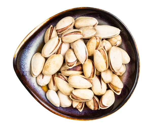 Top View Raw Ripe Pistachio Nuts Ceramic Bowl Isolated White — Stock Photo, Image
