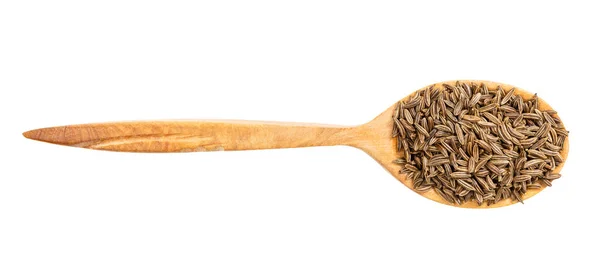 Top View Wood Spoon Caraway Seeds Isolated White Background — Stock Photo, Image