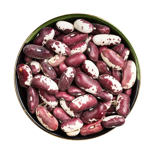 白色背景隔离的圆形碗中红色斑点肾豆的顶部视图 — 图库照片