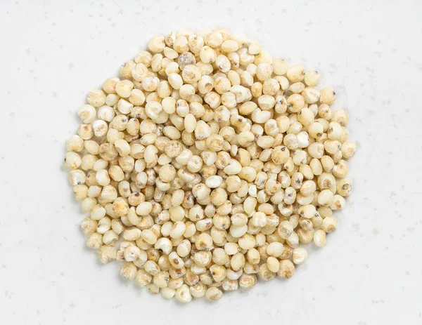 Top View Pile Raw Polished Sorghum Groats Close Gray Ceramic — Stock Photo, Image