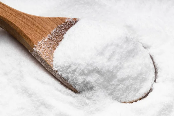 Vista Sopra Cucchiaio Legno Con Zucchero Destrosio Vicino Mucchio Zucchero — Foto Stock