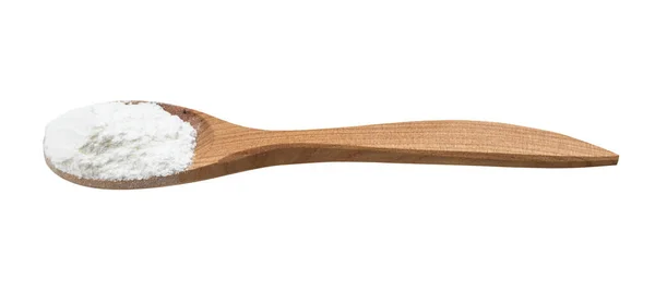 在白色背景上隔离的木制勺子中烘焙粉 — 图库照片