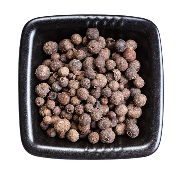 Top View Allspice Jamaica Pepper Black Bowl Isolated White Background — Stock Photo, Image